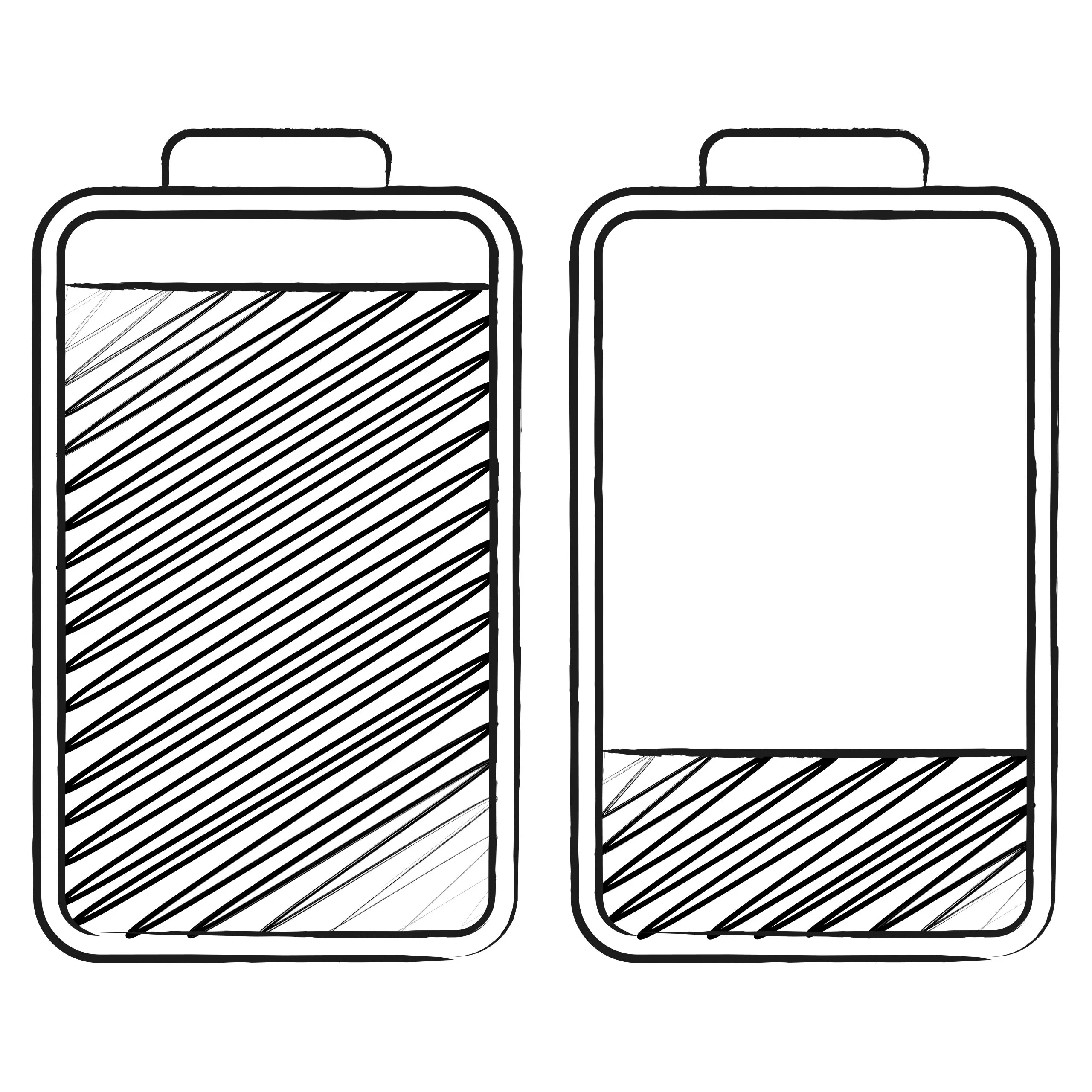 Handritad bild av ett fullt och ett tomt batteri