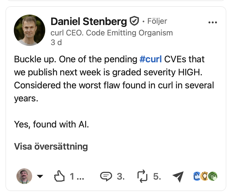 Daniel Stenberg berättar om en AI-upptäckt sårbarhet i curl med allvarlighetsgraden HIGH.
