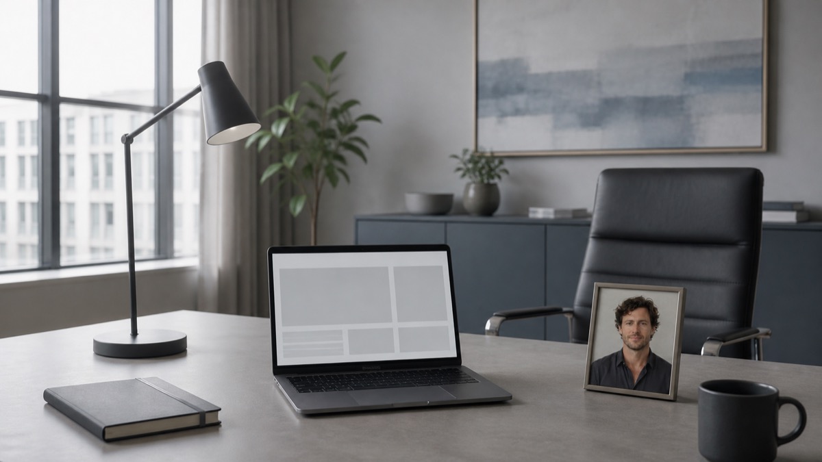 A quiet office with an empty chair, an open laptop, and a framed portrait of Marcus on the desk.