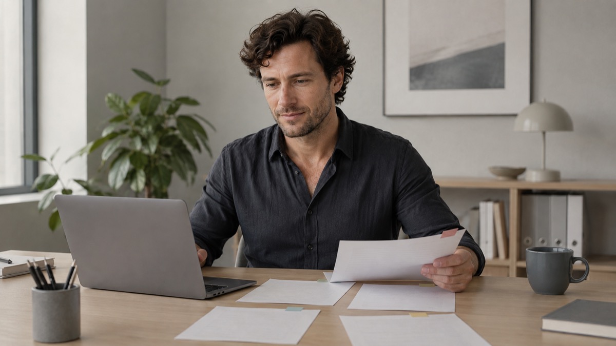 Marcus reviews four separate source sheets beside an open laptop.
