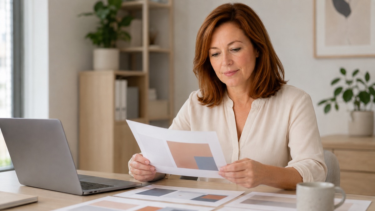 Petra reviews printed materials beside an open laptop in a light-filled office.