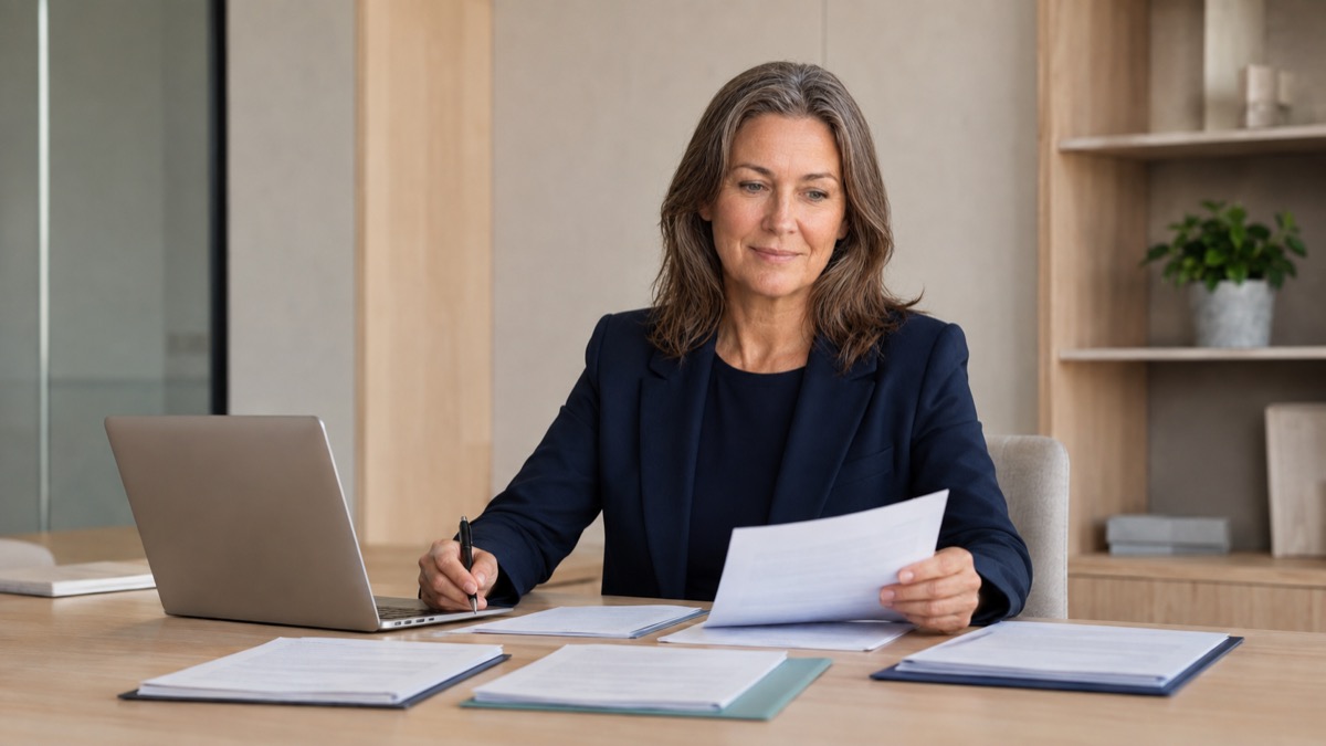 Sigrid reviews decision materials at a meeting table beside an open laptop.