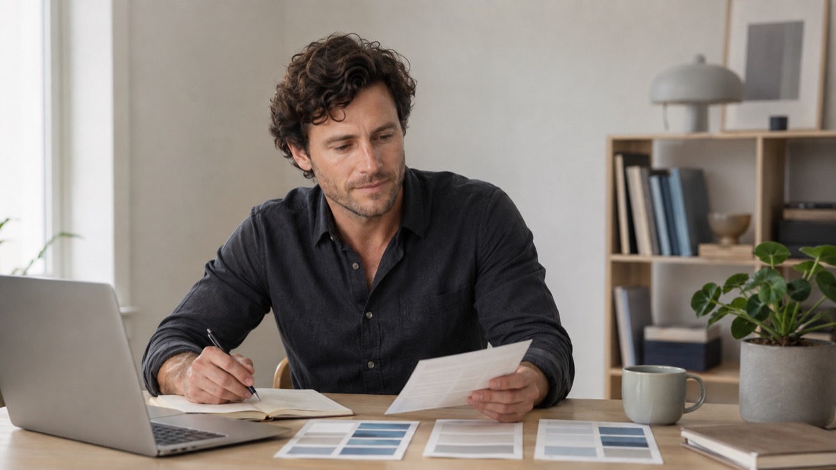 Marcus reviews comparison cards, a notebook, and an open laptop at a desk.