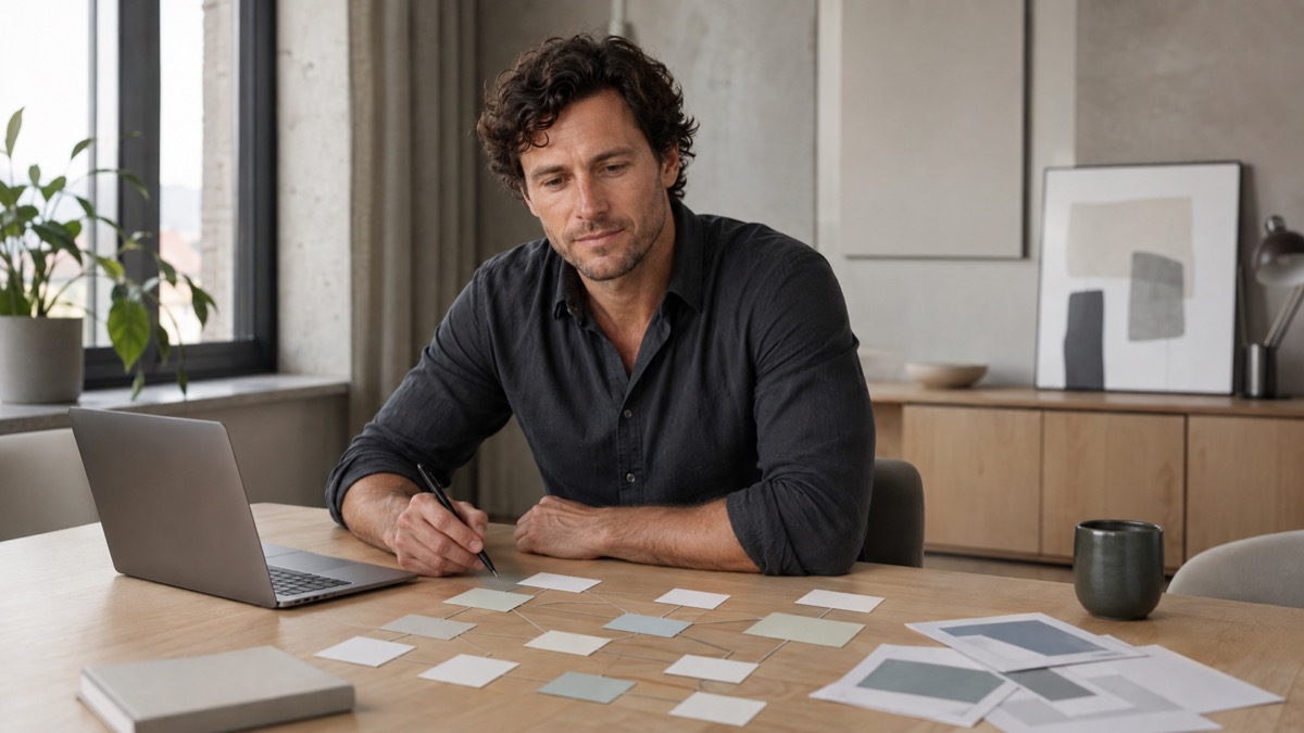 Marcus reviews an ecosystem map of connected cards beside an open laptop.