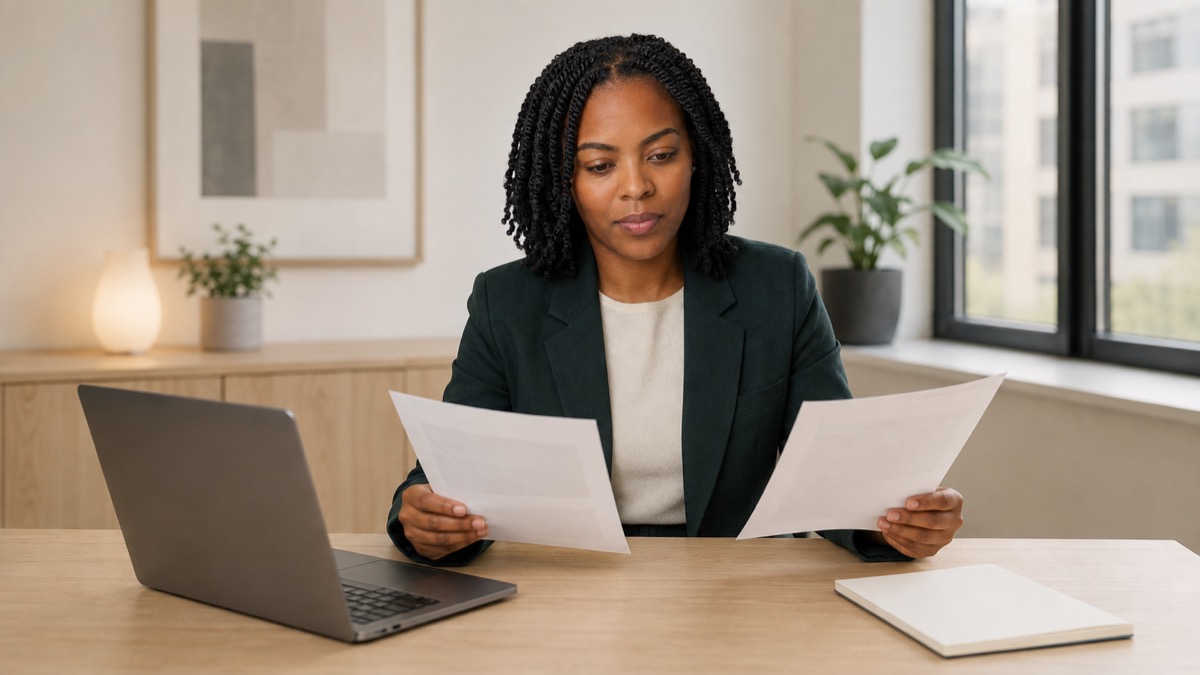Elin reviews two documents beside an open laptop during an office security review.